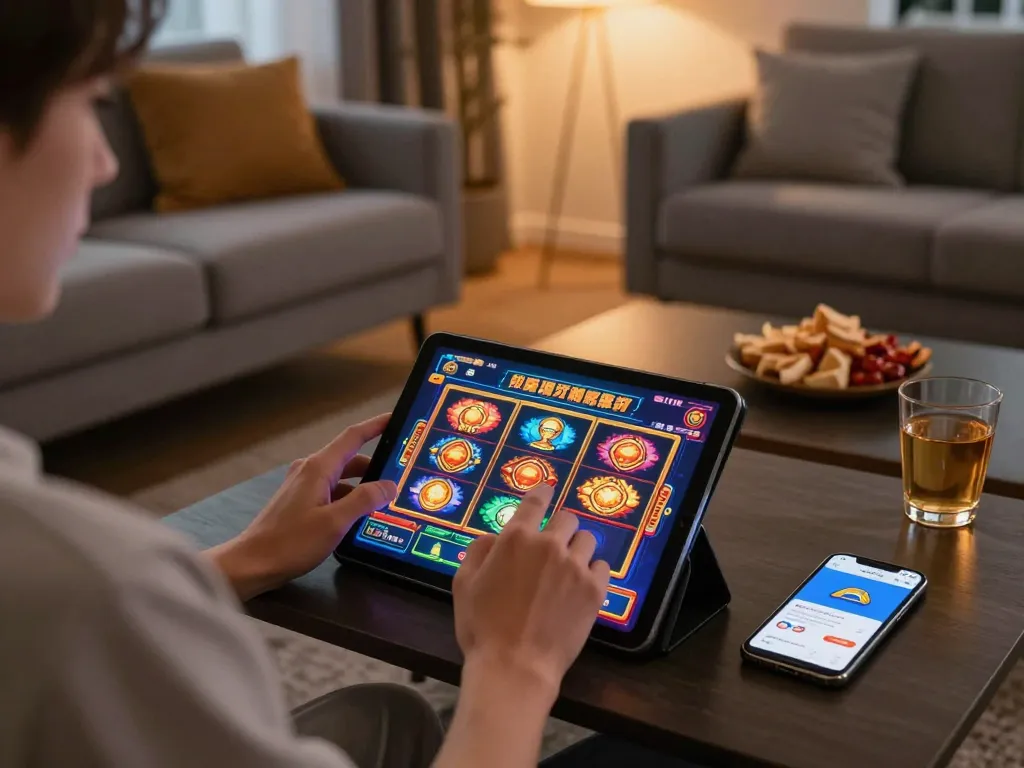 Engaged player using IDCASH88 app on tablet for exciting online slot game