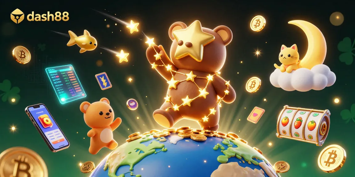 Experience dash88 with a vibrant 3D casino scene showcasing golden stars, slot reels, and crypto elements.