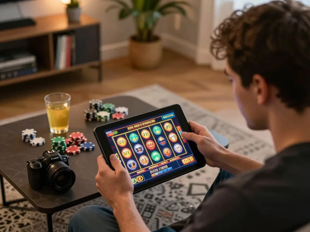 Player enjoying interactive slot game on snk88 tablet in cozy home setting with warm lighting.