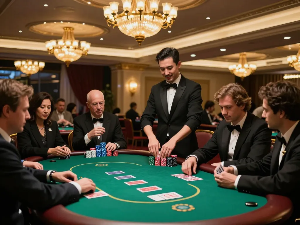 Players at the TR 88 poker table strategizing bets with stacks of chips in an upscale casino ambiance.