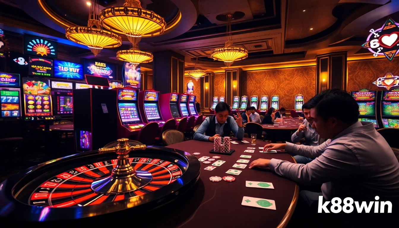 Enjoying a thrilling moment at k88win's luxurious online casino with vibrant slot machines and intense poker action.