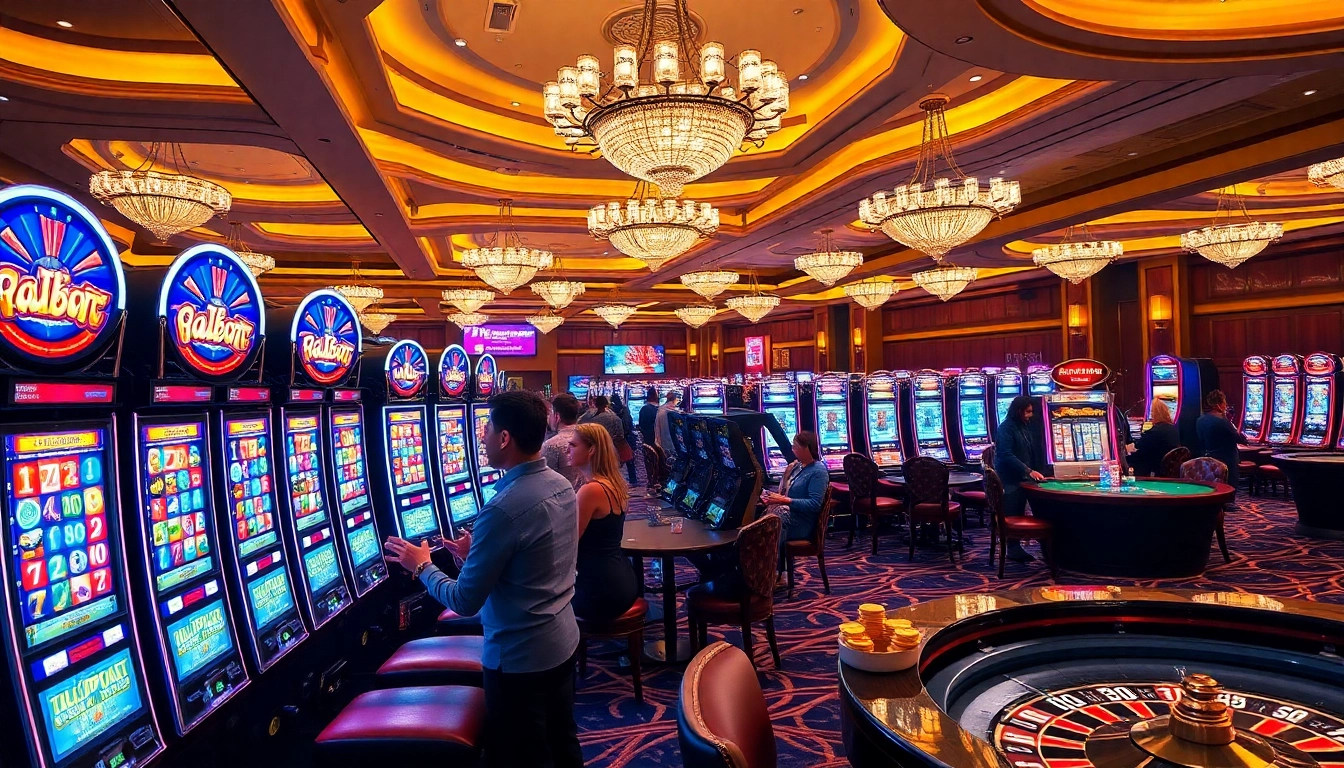 Players enjoying slot machines in a vibrant casino filled with excitement and luxury.