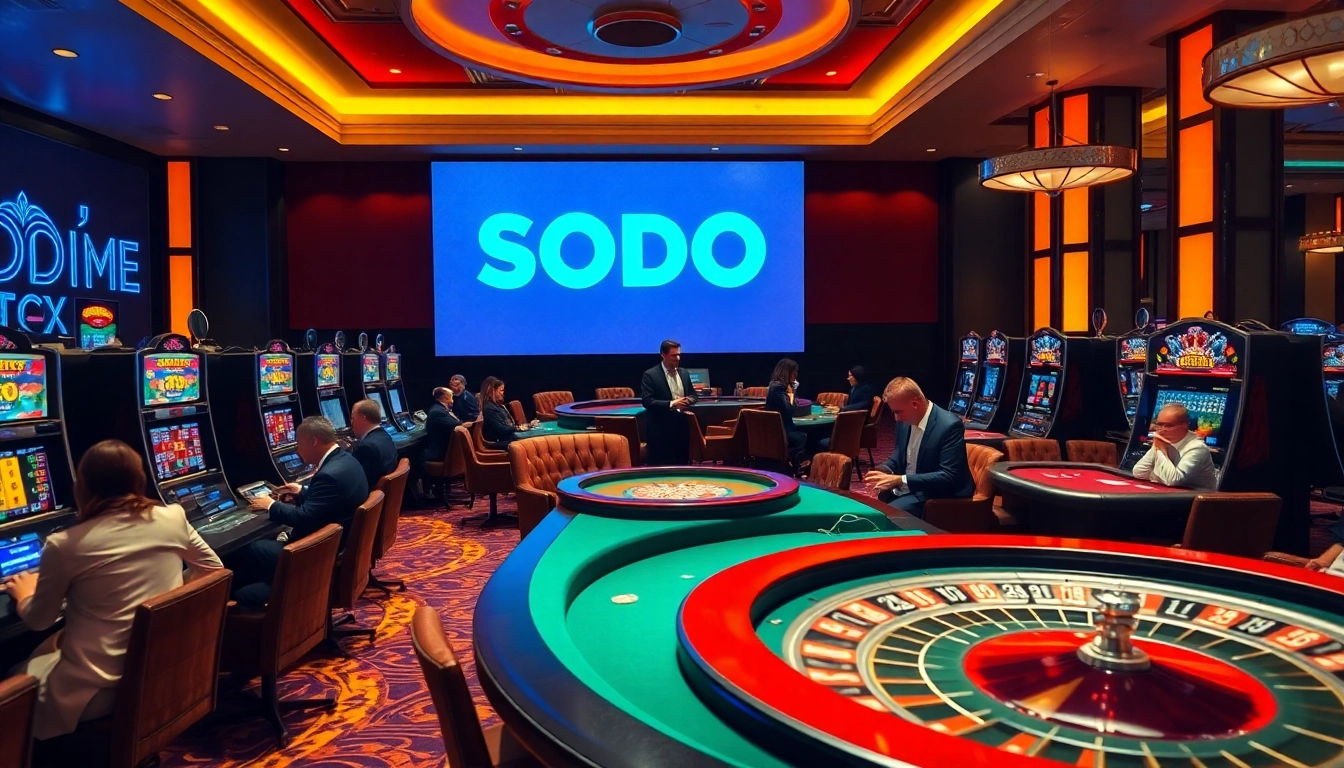 SODO casino scene with lively gameplay, poker tables, and bright slot machines.