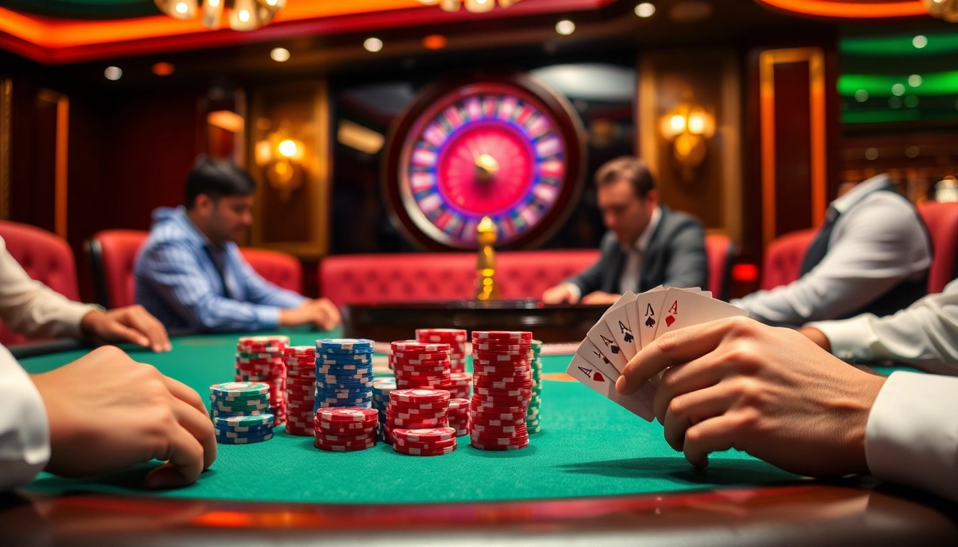 Exciting poker action at QH88 casino with vibrant chips and cards in play.
