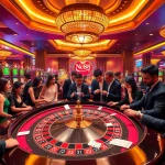 Nc88 players strategizing at a luxury casino table surrounded by vibrant slot machines.