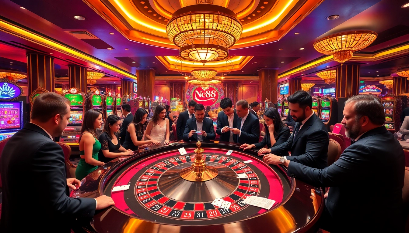 Nc88 players strategizing at a luxury casino table surrounded by vibrant slot machines.