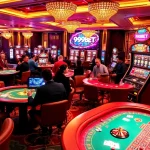 Players enjoying diverse games at a luxurious casino venue featuring 999BET tables and slot machines.