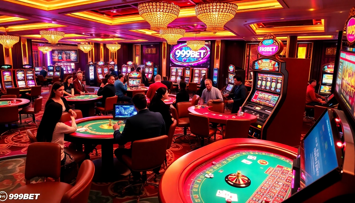 Players enjoying diverse games at a luxurious casino venue featuring 999BET tables and slot machines.