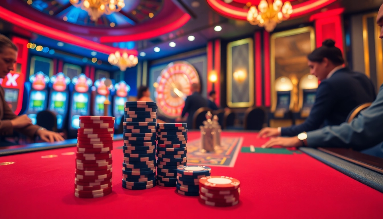 Experience high-stakes excitement at https://urr88.com/ with players enjoying a vibrant poker game amid stunning casino visuals.