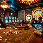 Play demo slots at a luxurious casino with vibrant graphics and excited players.