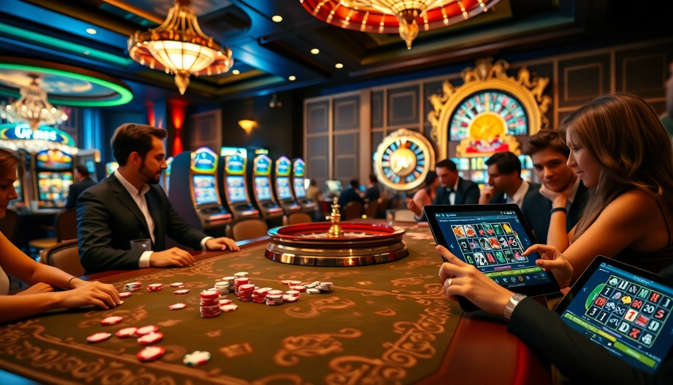 Play demo slots at a luxurious casino with vibrant graphics and excited players.