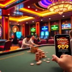 An exciting gaming scene at 99win com featuring a poker table, roulette wheel, and slot machines, reflecting the thrill of online gambling.
