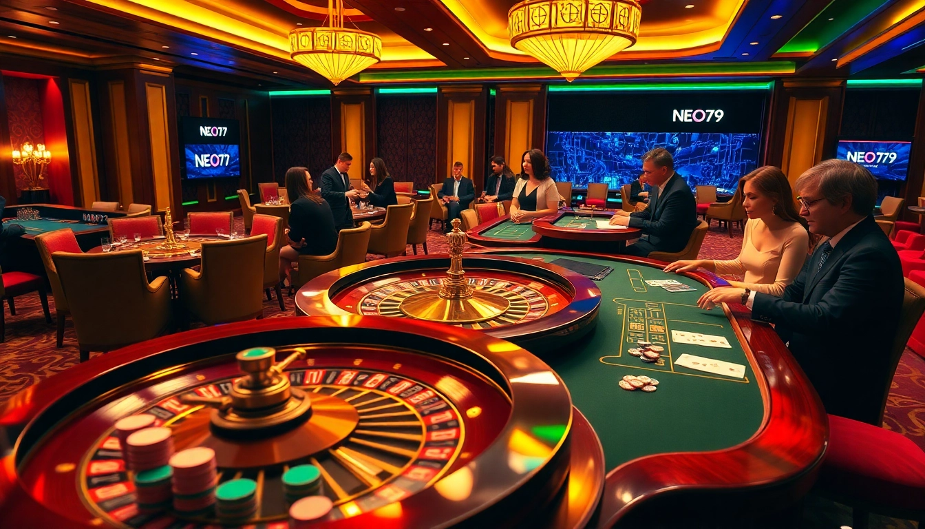 Engaged players enjoying a NEO79 casino experience at a roulette table with real dealer action.