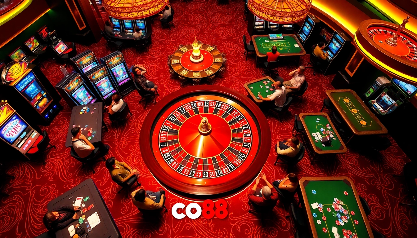 Experience high-stakes gambling at the co88 casino with luxurious tables and vibrant slot machines.