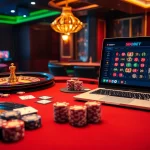 SBOBET online betting interface with vibrant casino elements like chips, cards, and a roulette wheel.