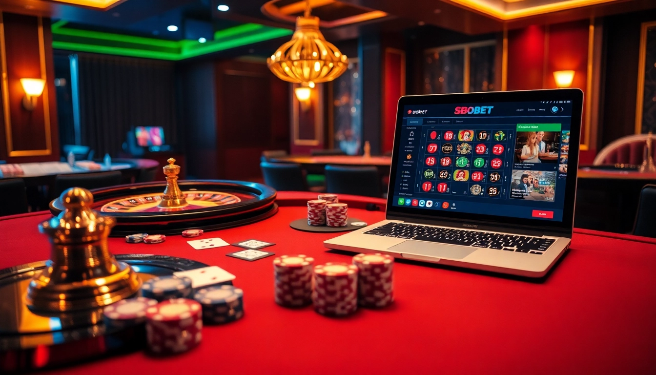 SBOBET online betting interface with vibrant casino elements like chips, cards, and a roulette wheel.
