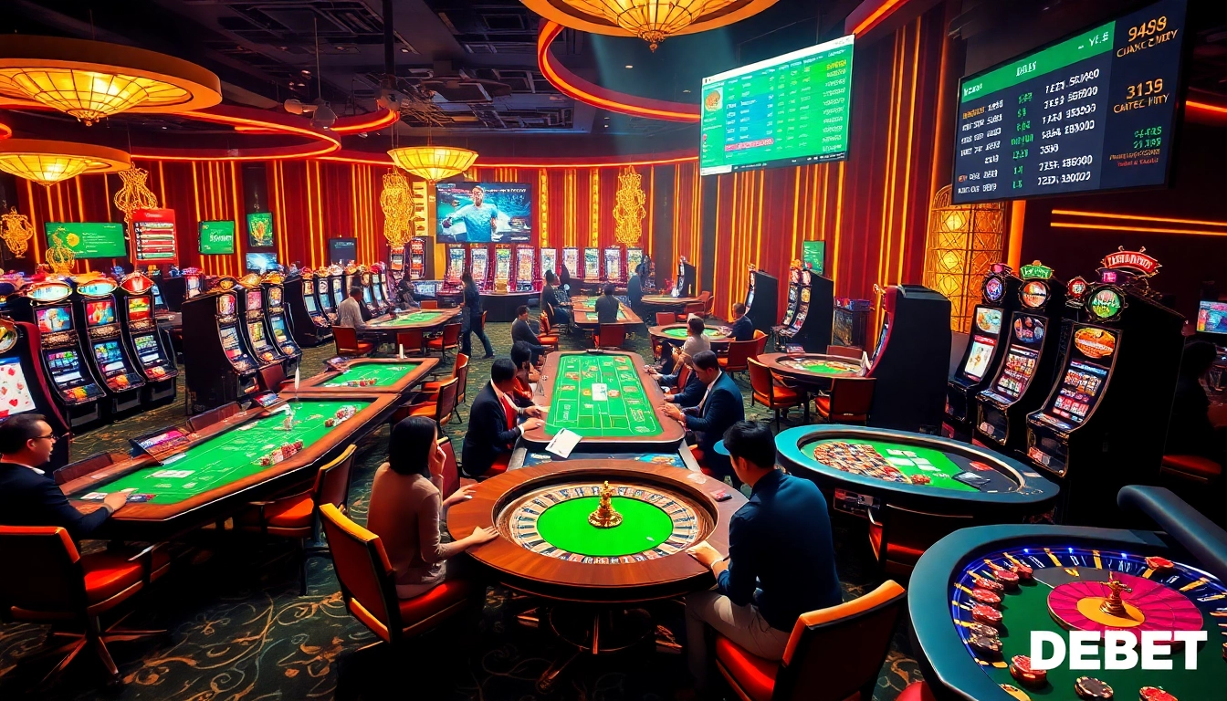 Exciting gaming action at Trang Chủ DEBET showcasing poker, roulette, and slot machines.