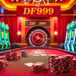 Experience high-stakes play at DF999's luxurious casino tables filled with vibrant poker chips and cards.