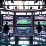 Engaging scene of sports broadcasting with analysts discussing live games and stats.