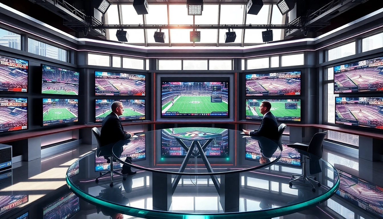 Engaging scene of sports broadcasting with analysts discussing live games and stats.