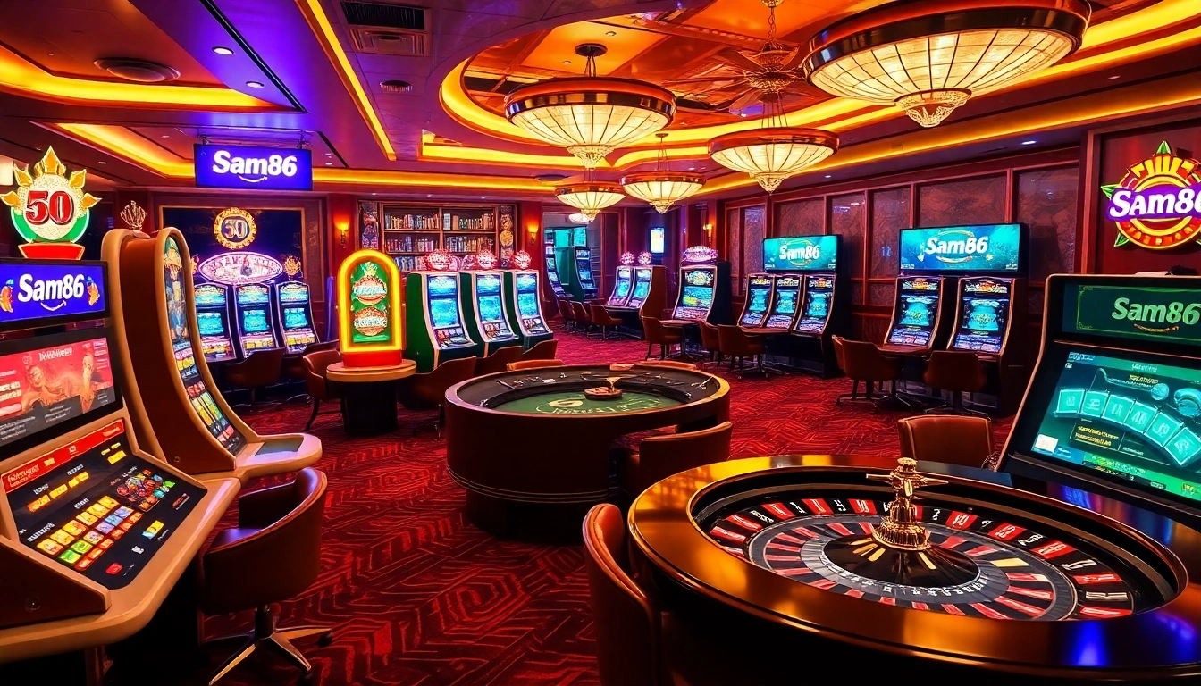 Experience the excitement of Sam86 with engaging slot machines and poker tables in a luxurious casino setting.