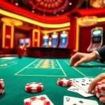 VA88 players making bets at a luxurious casino table with poker chips and cards.