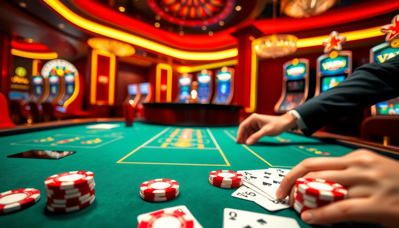 VA88 players making bets at a luxurious casino table with poker chips and cards.