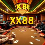 XX88 online gaming excitement featuring vibrant casino tables and players celebrating wins.