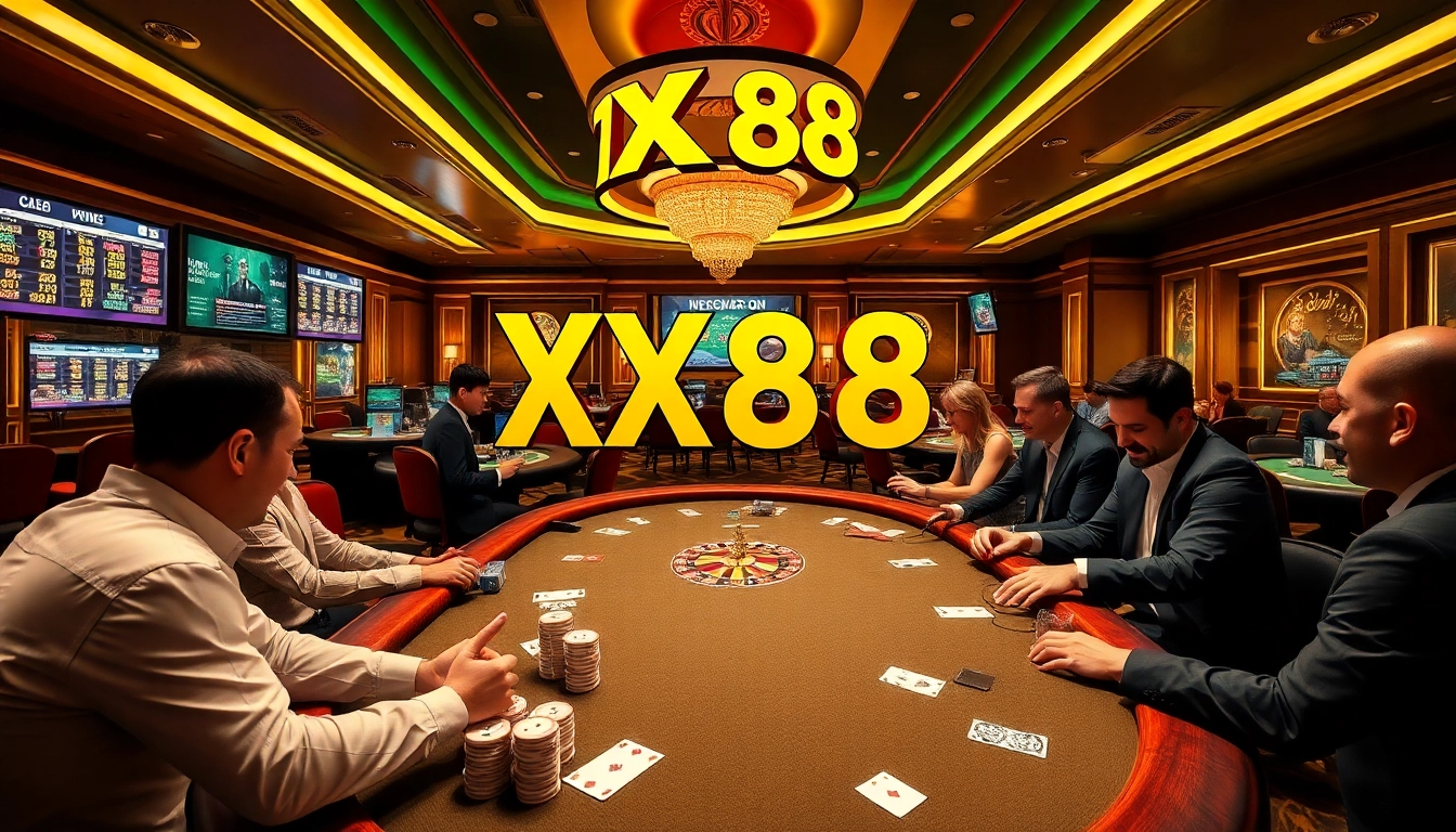 XX88 online gaming excitement featuring vibrant casino tables and players celebrating wins.