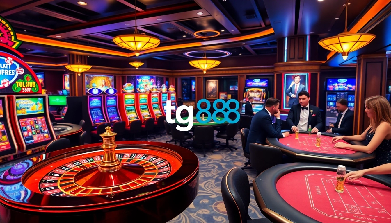 Exciting tg88 casino scene showcasing vibrant slot machines and engaging poker tables.