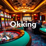 Casino players enjoy the excitement of slots and poker in a luxurious environment, showcasing Okking branding.
