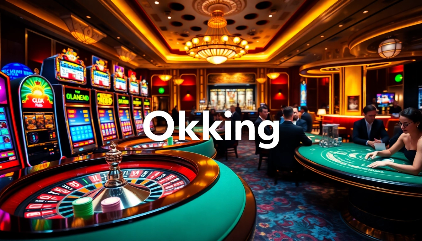 Casino players enjoy the excitement of slots and poker in a luxurious environment, showcasing Okking branding.