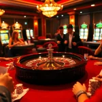 Experience the excitement of 13win15 with players engaged at a vibrant casino table, surrounded by luxury gaming elements.