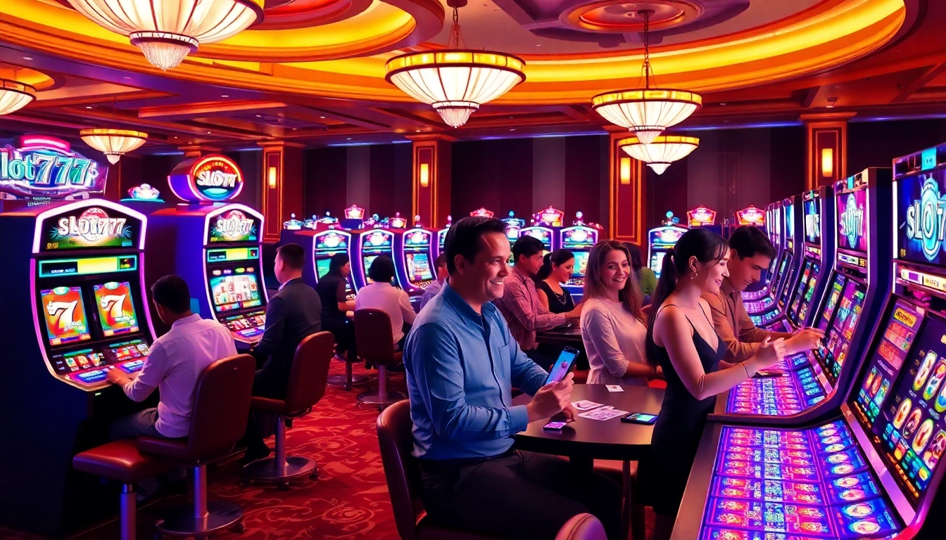 Excited players engaging with the slot777 gaming experience at a vibrant casino.