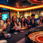 Excited players engaging at a casino table featuring king88bet themes with chips and cards.