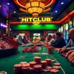 Exciting gambling scene featuring HITCLUB branding with poker chips and a roulette wheel.