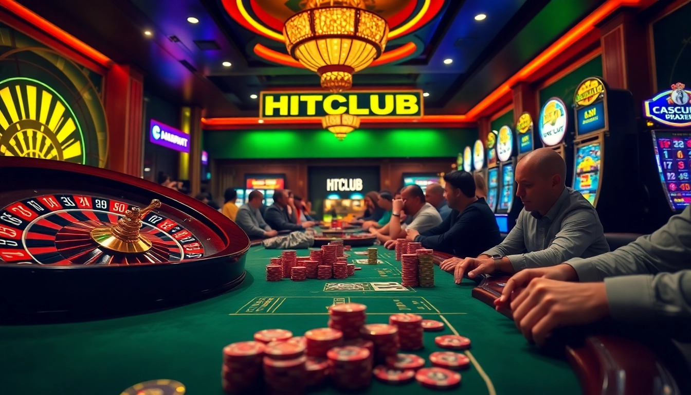 Exciting gambling scene featuring HITCLUB branding with poker chips and a roulette wheel.