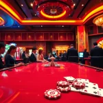 Cổng Game GO88 offers an exciting casino atmosphere with vibrant slot machines and a lively poker table.