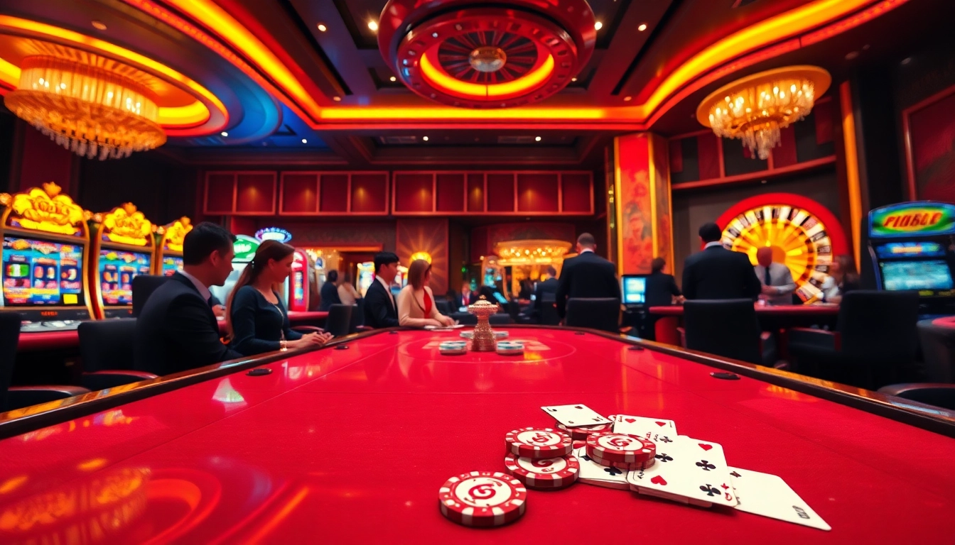 Cổng Game GO88 offers an exciting casino atmosphere with vibrant slot machines and a lively poker table.