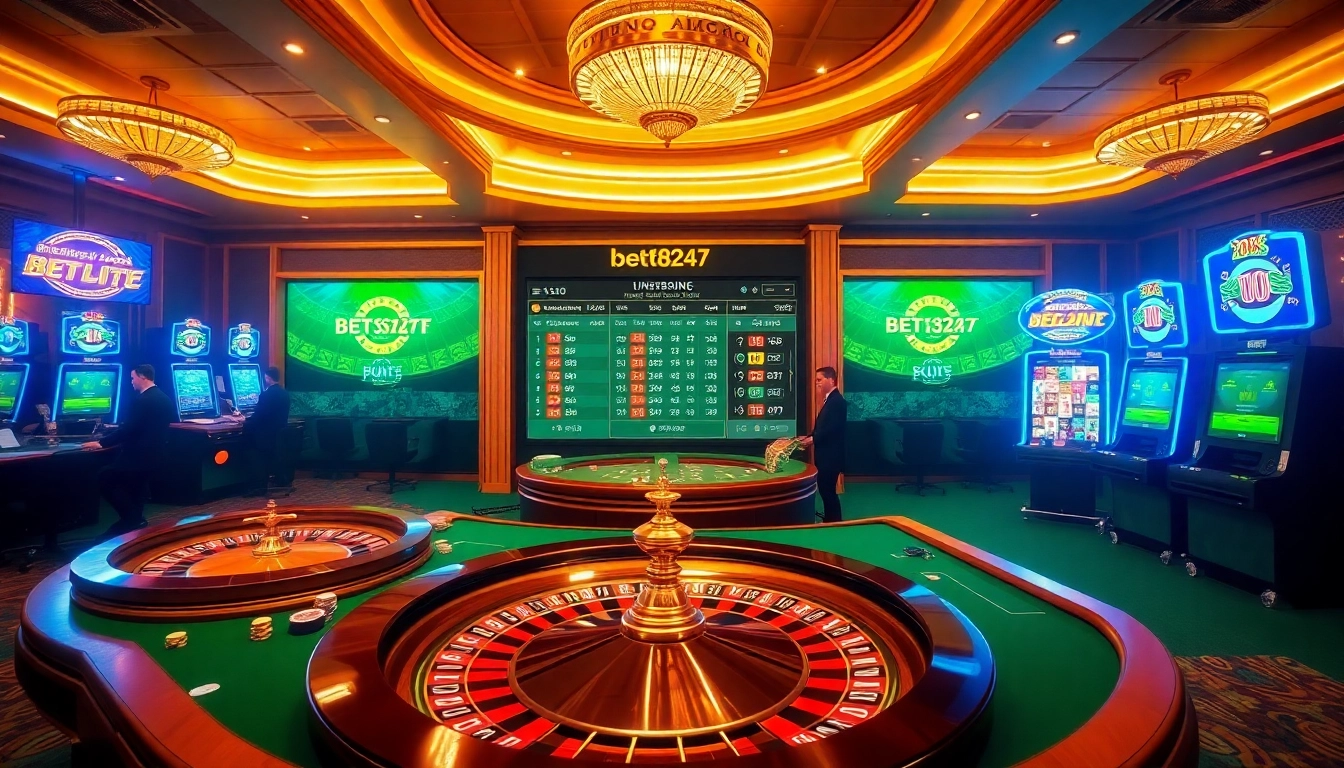 Gambling excitement at the bet88247 online casino with vibrant table games and betting slips.