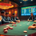 Engage with the thrilling atmosphere of a QH88 poker game with intense players and vibrant casino elements.