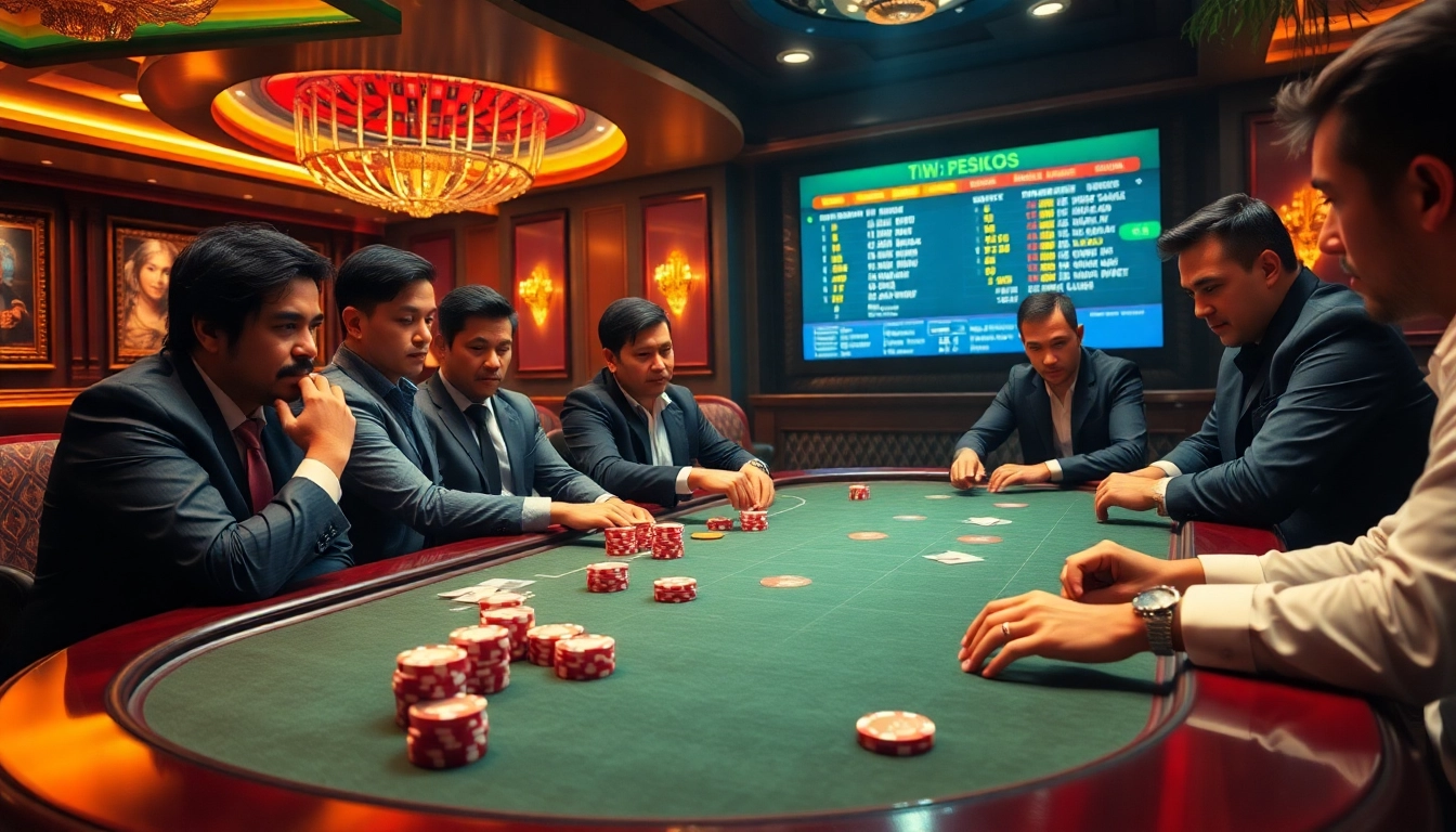 Engage with the thrilling atmosphere of a QH88 poker game with intense players and vibrant casino elements.