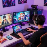 Player enjoying porngames on multiple devices in an energetic gaming setup.