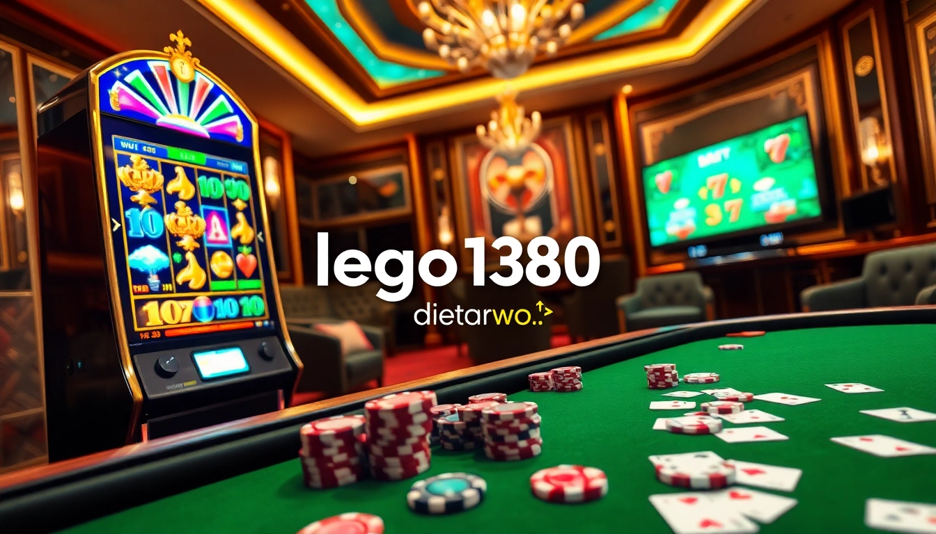 Exciting online gambling interface showing lego138 daftar with vibrant slot machine visuals and poker chips.