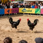 Watch thrilling trực tiếp đá gà with black chickens fighting in an exciting outdoor arena
