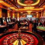 Exciting casino scene featuring 88aa tables, a roulette wheel, and engaged players in action.