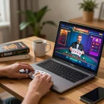Player enjoying blackjack on a laptop at home, embodying 789club's immersive gaming experience with live dealer