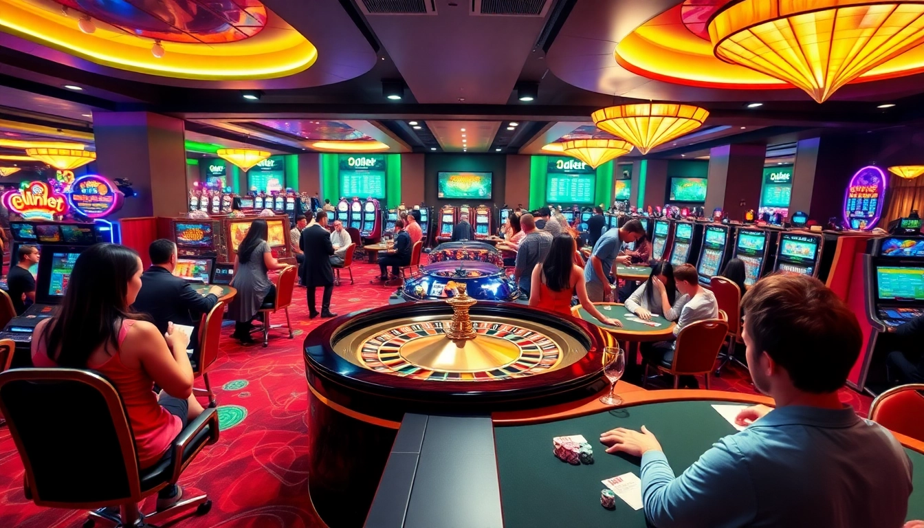 Exciting casino gaming scene featuring 3Dbet elements with roulette wheel and slot machines.
