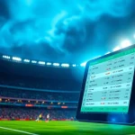 Engaging kèo nhà cái 5 display on a digital device, showcasing live betting odds in a football stadium setting.