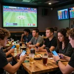 Friends engaging in sports betting at a lively bar, checking kèo nhà cái on their devices.